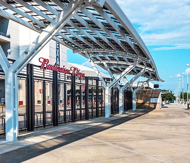 Solar panel canopy design for Budweiser Plaza